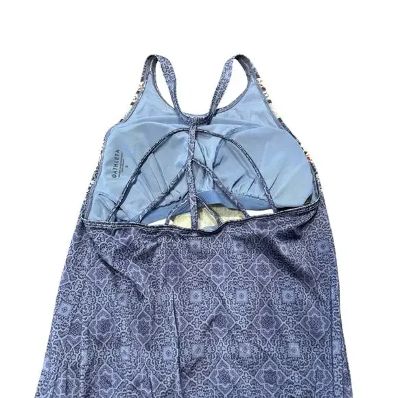 Athleta Women's blue purple boho print blouson dress, built in bra, strappy, S - Picture 7 of 8